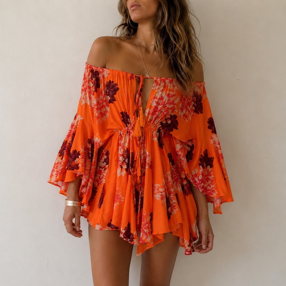 Hello Molly Moral of the Story Romper Orange Floral Medium Boho Resort Tropical
